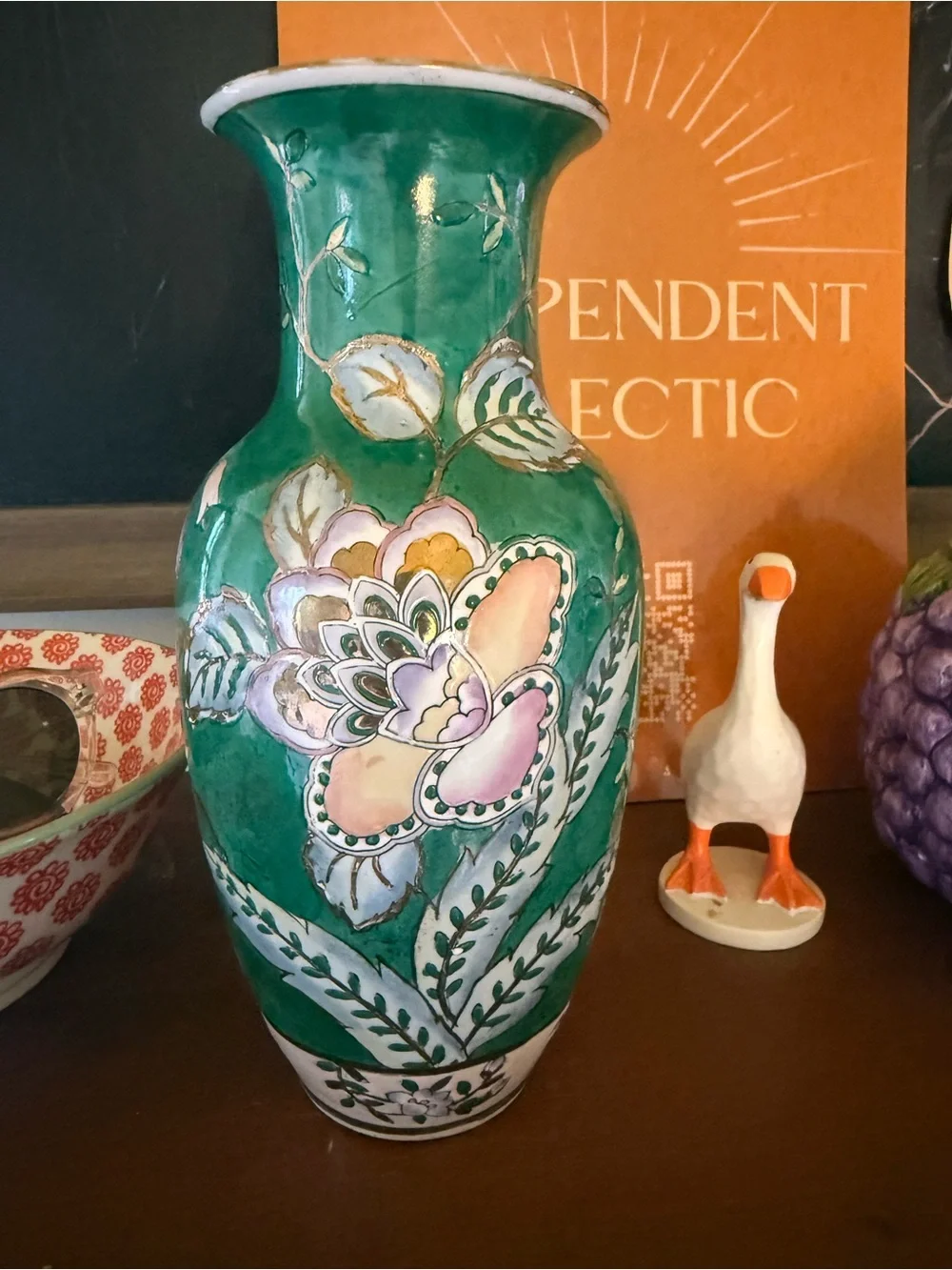 Vintage Green Floral Ceramic Vase - Home Accents